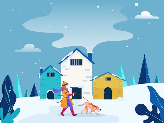 Character with dog walk in the snow