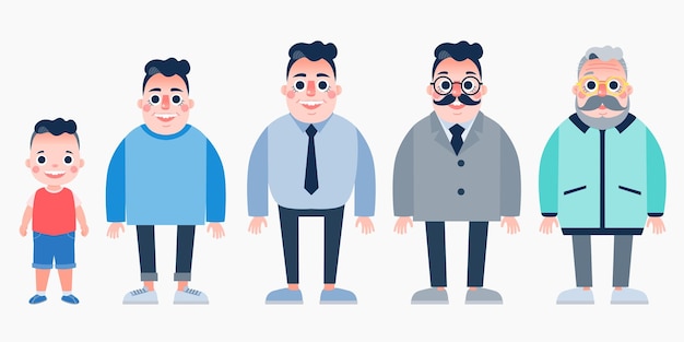 Vector character with human life cycles vector illustration character of a man in different ages from youth to maturity the life cycle a baby a child a teenager an adult an elderly person