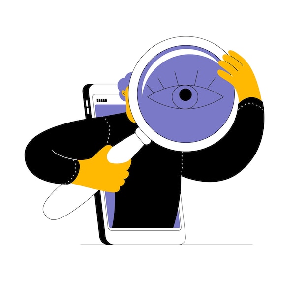 Vector a character with a large magnifying glass is looking for something online