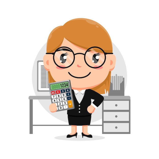 Character of woman holding calculator on front desk office with eyeglasses