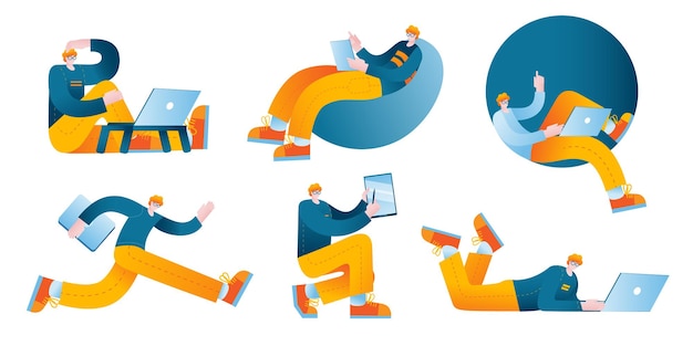 A character working on a computer or tablet in various poses