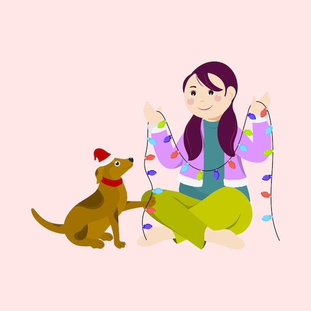 Character Of Young Girl Holding Lighting Garland And Dog Wear Santa Hat On Pink Background