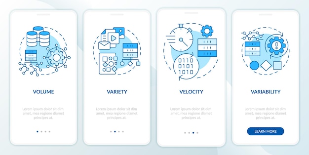 Characteristics of big data blue onboarding mobile app screen