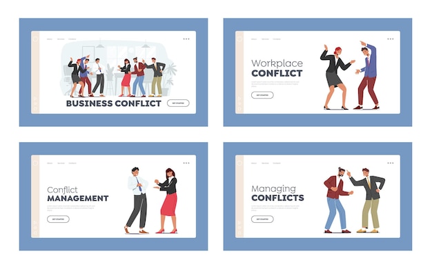 Characters Arguing in Office Landing Page Template Set Angry Business Team Conflict Furious Men and Women Quarrel