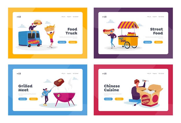 Vector characters buying street food landing page template set