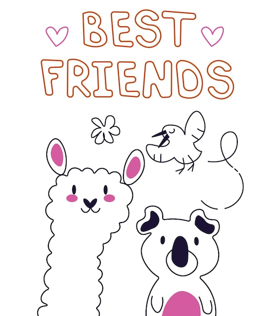 Characters card cute llama koala and bird with a smile on a white background Text best friends It can be used for sticker patch phone case poster tshirt mug and other design EPS