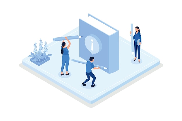 Characters contacting with helpdesk service isometric vector modern illustration