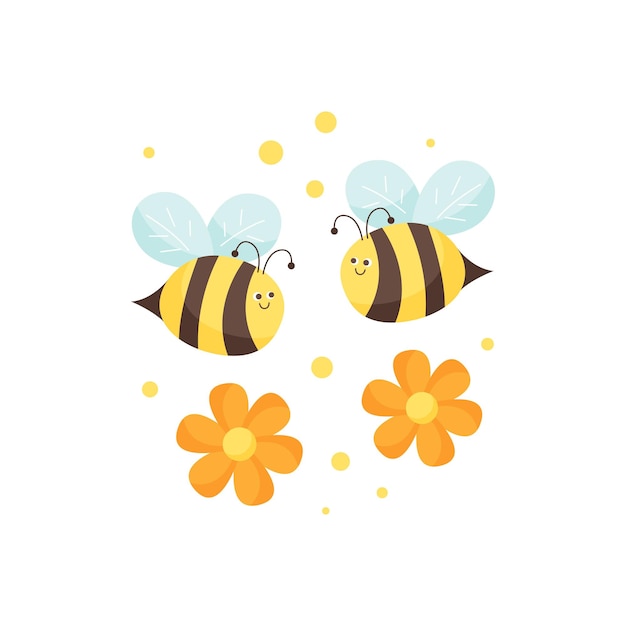 The characters of cute cartoon bees fly with flowers Isolated illustration