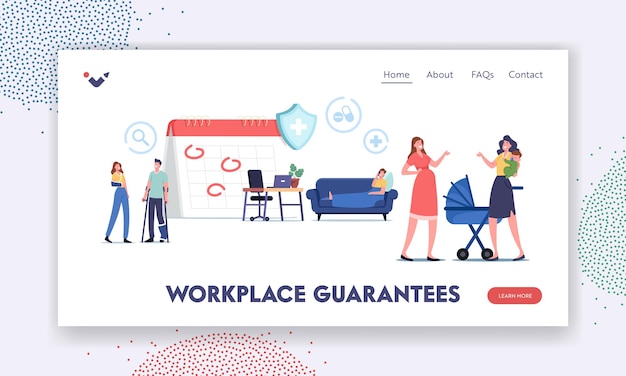 Characters Getting Workplace Guarantees and Perks Landing Page Template. Financing Employees Diseases Treatment. Sick and Maternity Leave, Health Accident Insurance. Cartoon People Vector Illustration