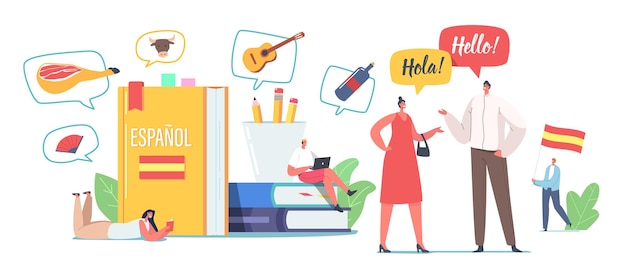 Characters Learning Spanish Language Course. Tiny People at Huge Textbooks and Flag, Teacher and Students Chatting, Say Hola, Webinar and Online Education, Espanol Lesson. Cartoon Vector Illustration