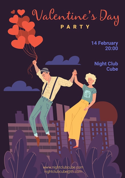   characters in love,trendy young people fly in sky,girl and boy romantic date-Valentine Day party