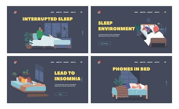 Characters Lying with Smartphones in Bed at Night Landing Page Template Set Mobile Phone and Gadget Addiction