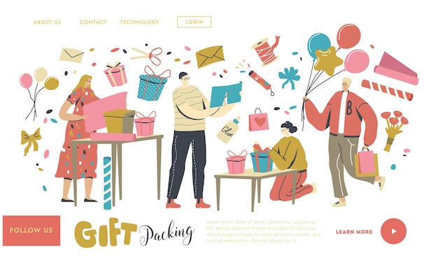 Characters Making and Packing Gift for Holidays Celebration, Landing Page Template. Warm Congratulations to Friends or Family for Birthday, Valentines or Anniversary. Linear People Vector Illustration