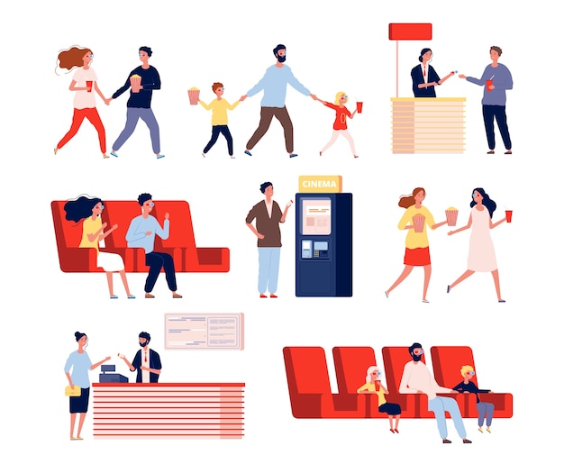 Characters in movie theatre. Funny people going to entertainment show watching films vector flat persons. Cinema film, watching with popcorn illustration