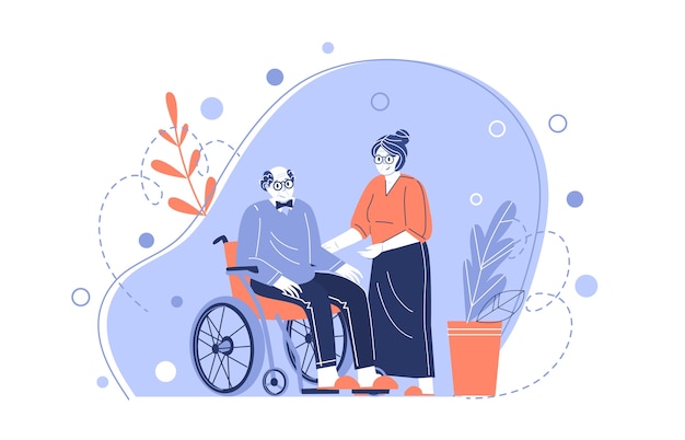 The characters of an old couple. Grandmother takes care of an elderly grandfather in a wheelchair. Helping the elderly. Taking care of pensioners. Vector illustration in a flat style