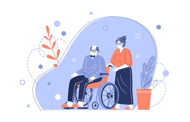 The characters of an old couple. Grandmother takes care of an elderly grandfather in a wheelchair. Helping the elderly. Taking care of pensioners. Vector illustration in a flat style