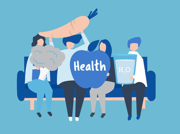 Characters of people holding health icons illustration