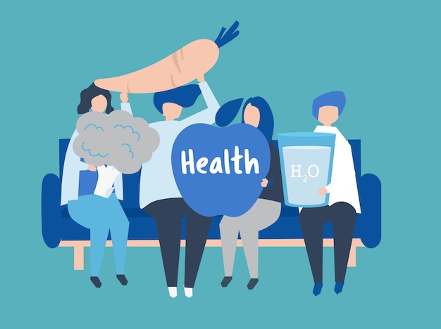 Characters of people holding health icons illustration