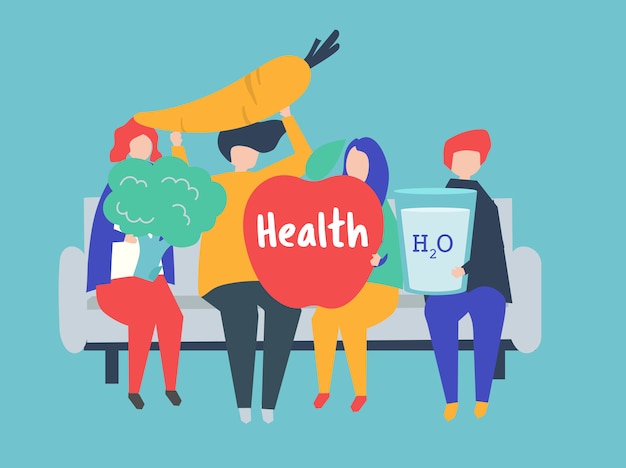 Characters of people holding health icons illustration