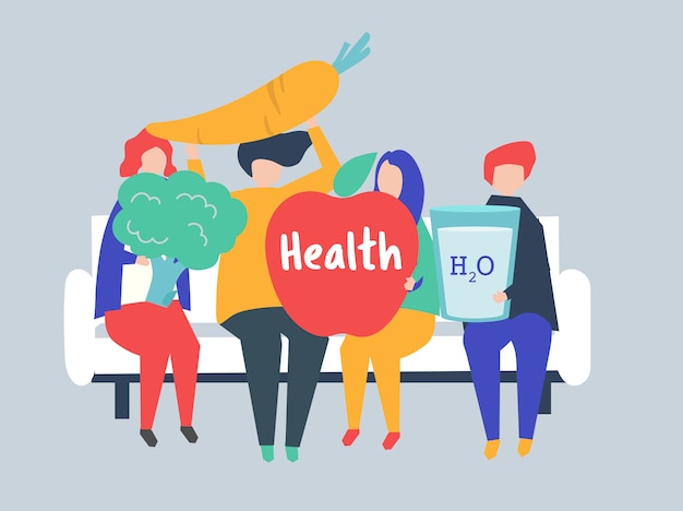 Characters of people holding health icons illustration