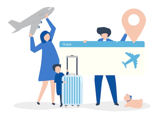 Characters of people holding travel icons illustration