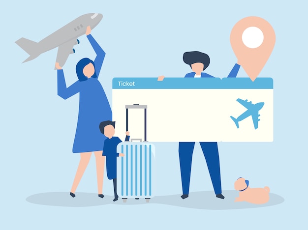 Characters of people holding travel icons illustration