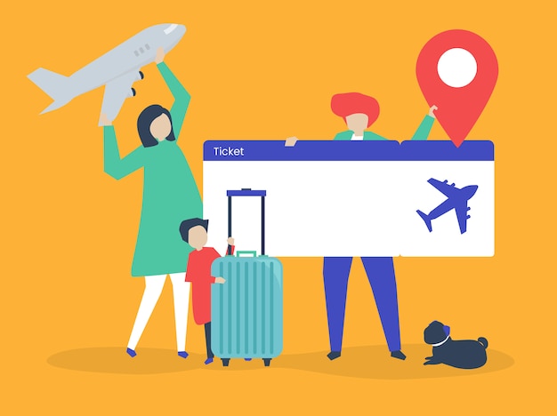 Characters of people holding travel icons illustration