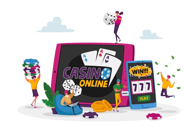 Vector characters playing gambling games in online casino win jackpot money prize on virtual slot machine and poker.