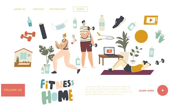 Characters Practicing Fitness at Home during Quarantine Landing Page Template. Men and Women Doing Exercises for Healthy Body at Domestic Interior. Sports Lifestyle. Linear People Vector Illustration