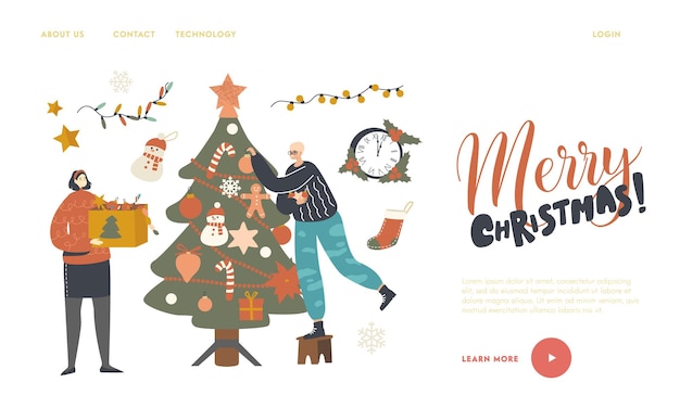 Characters Prepare for New Year or Xmas Winter Season Holidays Celebration Landing Page Template. Happy Man and Woman Decorating Christmas Tree Put Balls on Branches. Linear People Vector Illustration