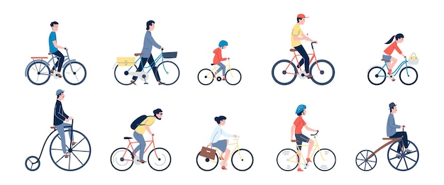 Characters ride bikes different bicycles on road Children and adult on modern city eco transport Cycling sport hobby flat characters riding recent vector set