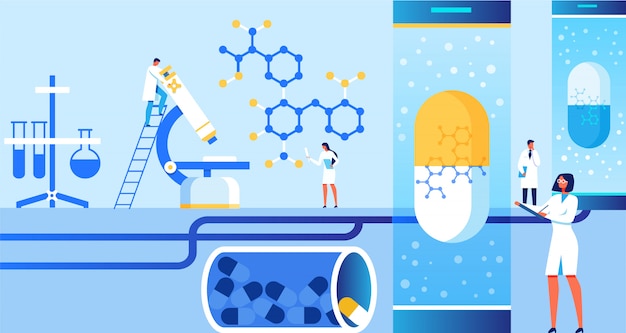 Vector characters do scientific research at laboratory.