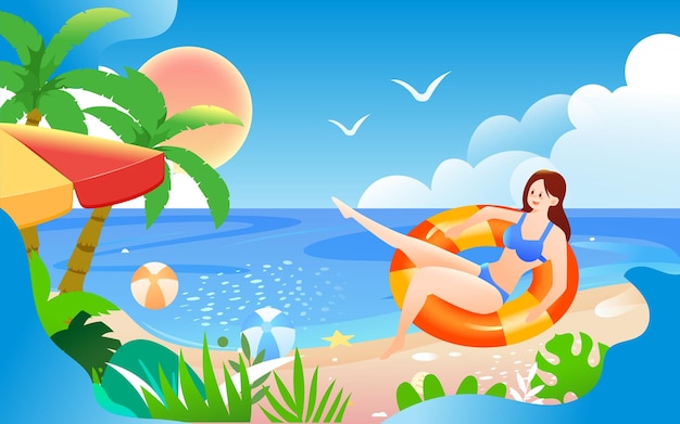 Characters swimming at the seaside in summer big summer solar term summer swimming hobby class