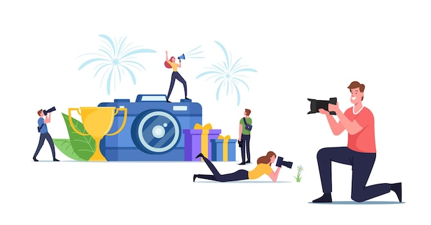 Vector characters take part in photography competition, photo contest concept. tournament of professionals or amateurs. tiny photographers shoot with camera at huge cup. cartoon people vector illustration