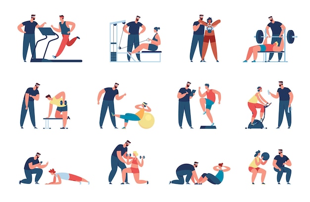 Vector characters training with personal trainer, athlete with coach. athletic men and women doing workout with gym fitness instructor vector set. doing active exercises with weight and dumbbells