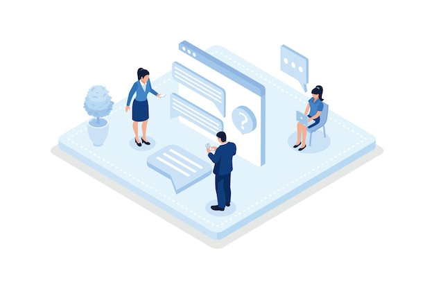 Characters using online helpdesk platform Customer support isometric vector modern illustration