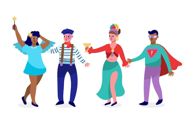 Vector characters wearing carnival costumes hand drawn