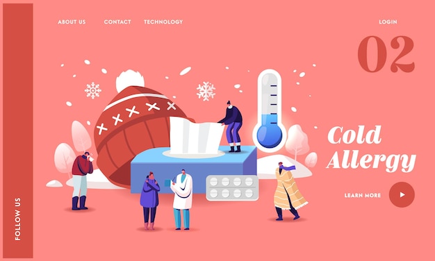 Characters with Cold Allergy Landing Page Template. Sick Patients Visiting Doctor Suffer of Low Temperature of Cough and Sneeze Symptoms. Allergen Pharmacy Therapy. Cartoon People Vector Illustration