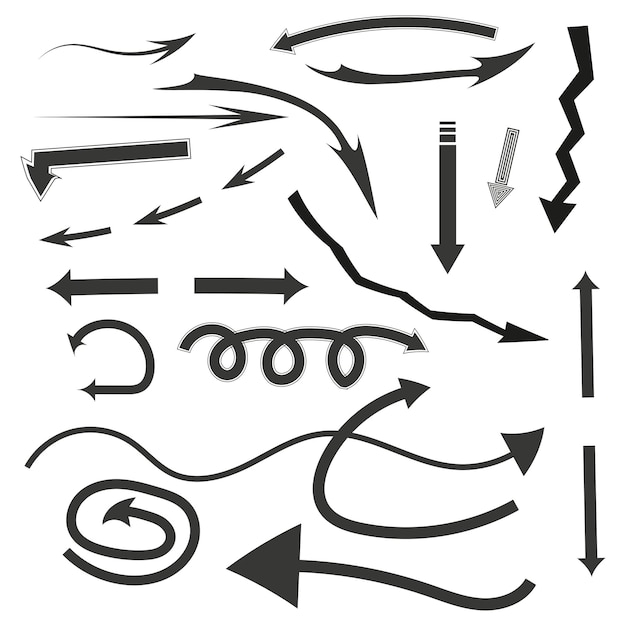 Charcoal arrows icons set Swirls arrows Hand drawn freehand different curved lines