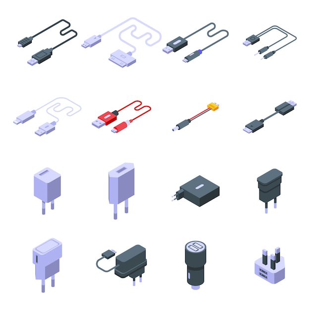 Charger icons set. Isometric set of charger vector icons for web design isolated on white space