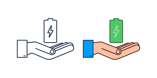 Charging battery with hands. Set of battery charge level indicators. Vector illustration.