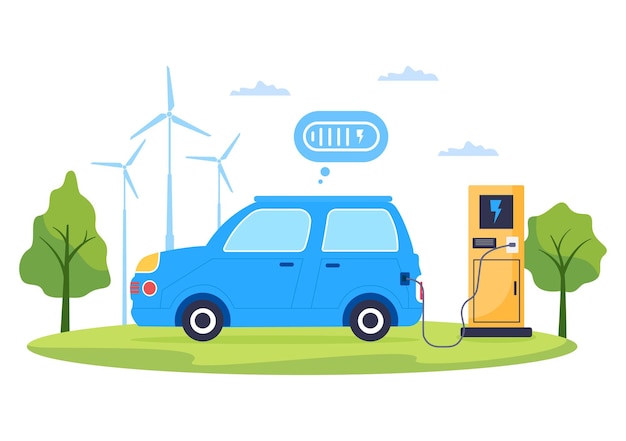 Charging Electric Car Batteries with the Concept of Charger and Cable Plugs that use Green Environment, Ecology, Sustainability or Clean Air. Vector illustration