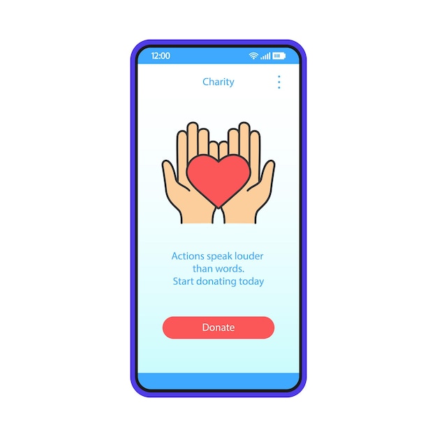 Charity app smartphone interface vector template. Make donation online. Mobile fundraising application page blue design layout. Volunteering, sponsorship. Flat UI. Phone display with hands hold heart