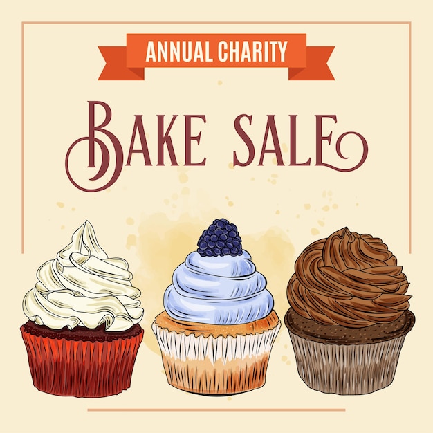 Charity Bake Sale banner template with cupcake design.