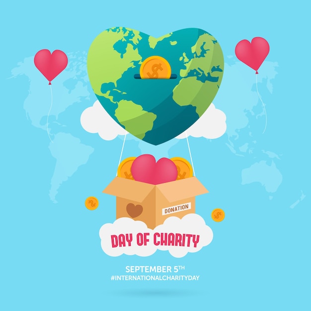 Charity Day September 5th with earth balloon hearth shapes and coin illustration