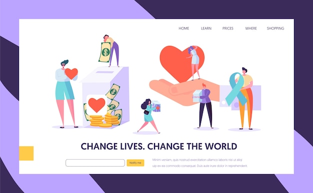 Charity Donation Change the World Landing Page. Give Hope for Needing Help Character and Save Life. Donate Healthy Transplantable Organ or Money Website or Web Page. Flat Cartoon Vector Illustration