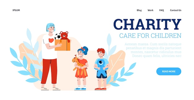 Charity and donation for children a vector landing page template