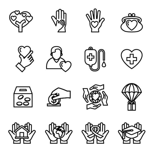 Charity and donation icon set with white background.