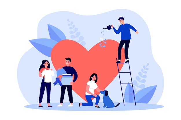 Charity and help from community of tiny volunteers. People giving care to big heart flat vector illustration. Voluntary, sponsorship, altruism concept for banner, website design or landing web page