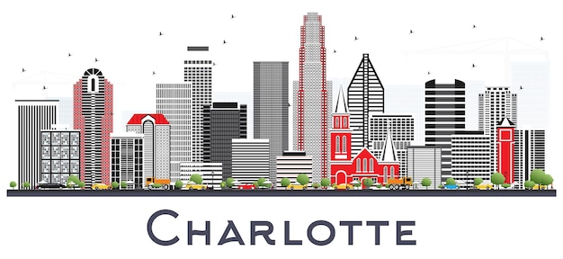 Charlotte NC City Skyline with Gray Buildings Isolated on White. Vector Illustration. Business Travel and Tourism Concept with Modern Architecture. Charlotte Cityscape with Landmarks.